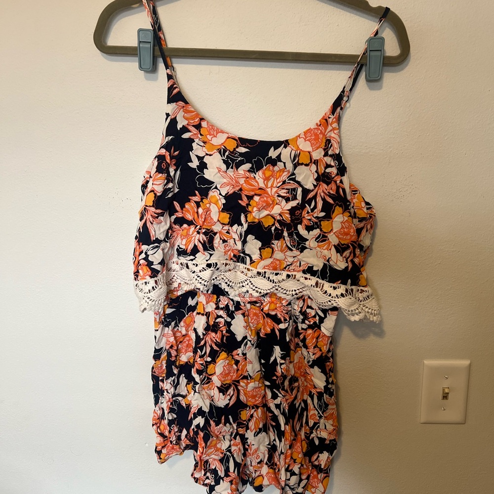 Floral Spaghetti Strap Romper with Lace Trim